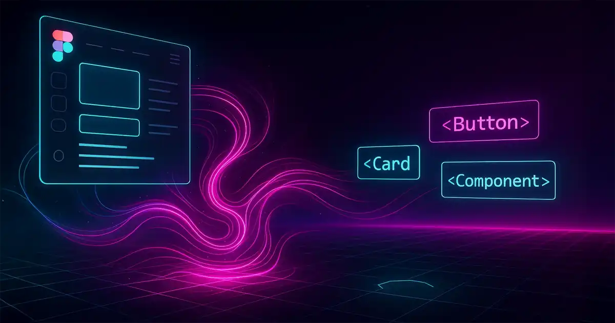 A futuristic visualization of a design system flowing into code, with glowing cyan and magenta connections between Figma interface elements transforming into React components.