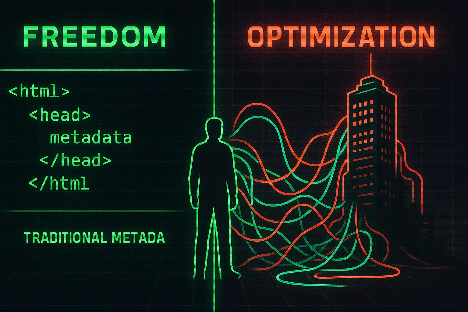 A glowing stream of metadata flowing through a dark server environment, with fragments of HTML tags and SEO data dispersing into digital chaos.