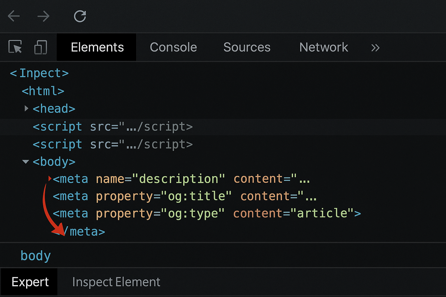 Screenshot showing metadata appearing at bottom of page outside head tag